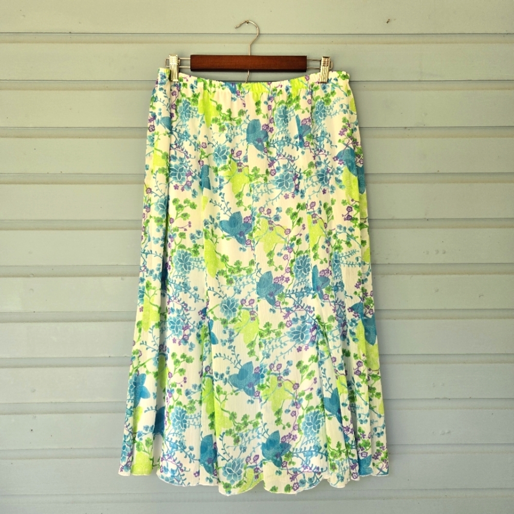 Dressbarn Women's Size 14/ 16 Blue & Green Floral Chiffon Skirt